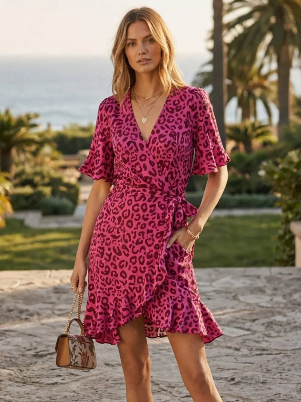 Marie Oliver Silk Leopard Wrap Dress Pink Ruffle Mini XS - Picture 12 of 12